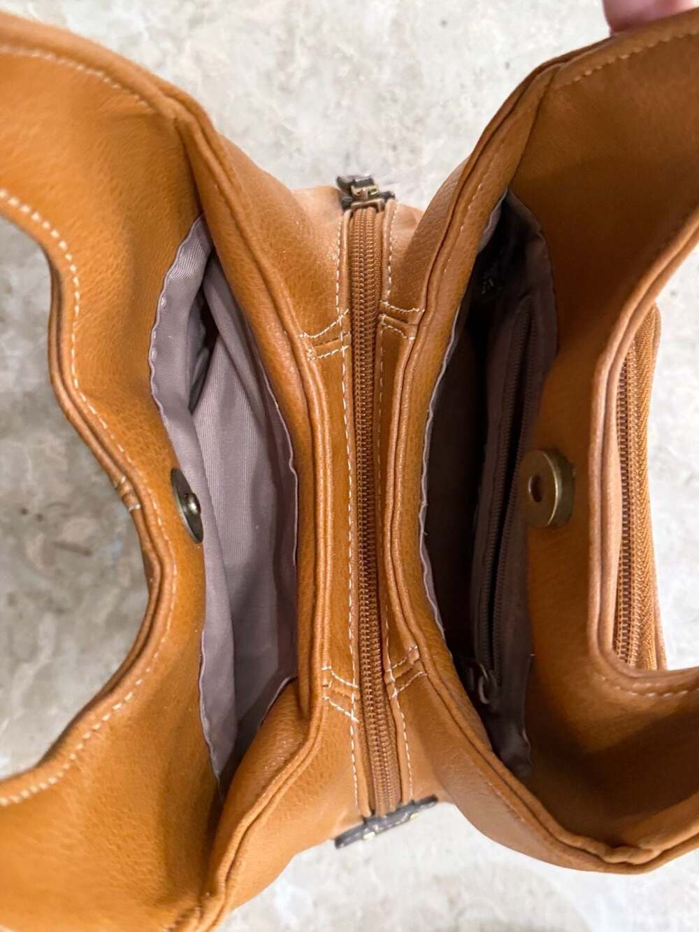 Vintage Nine West Tan Faux Leather Small Hobo Handbag with Zipper Pockets - Picture 6 of 6